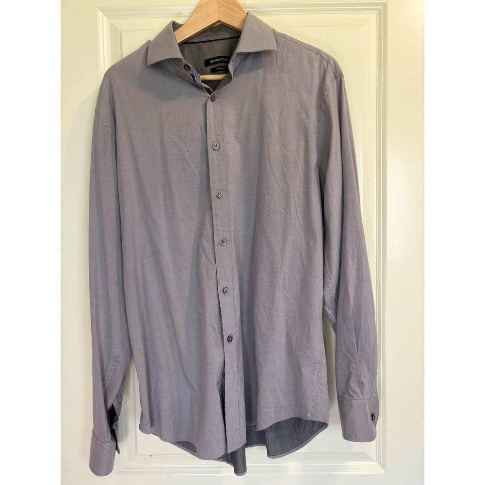 Bugatchi Men's Gray Shaped‎ Fit Button Down Shirt Size Large with Ribbon Detail